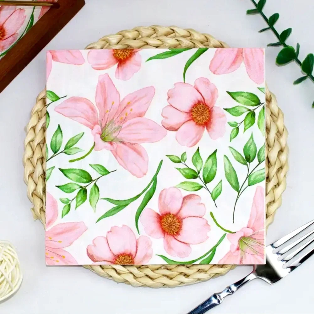 Boutique Floral Pink and Green 3-ply Luncheon Paper Napkins, 20 ct